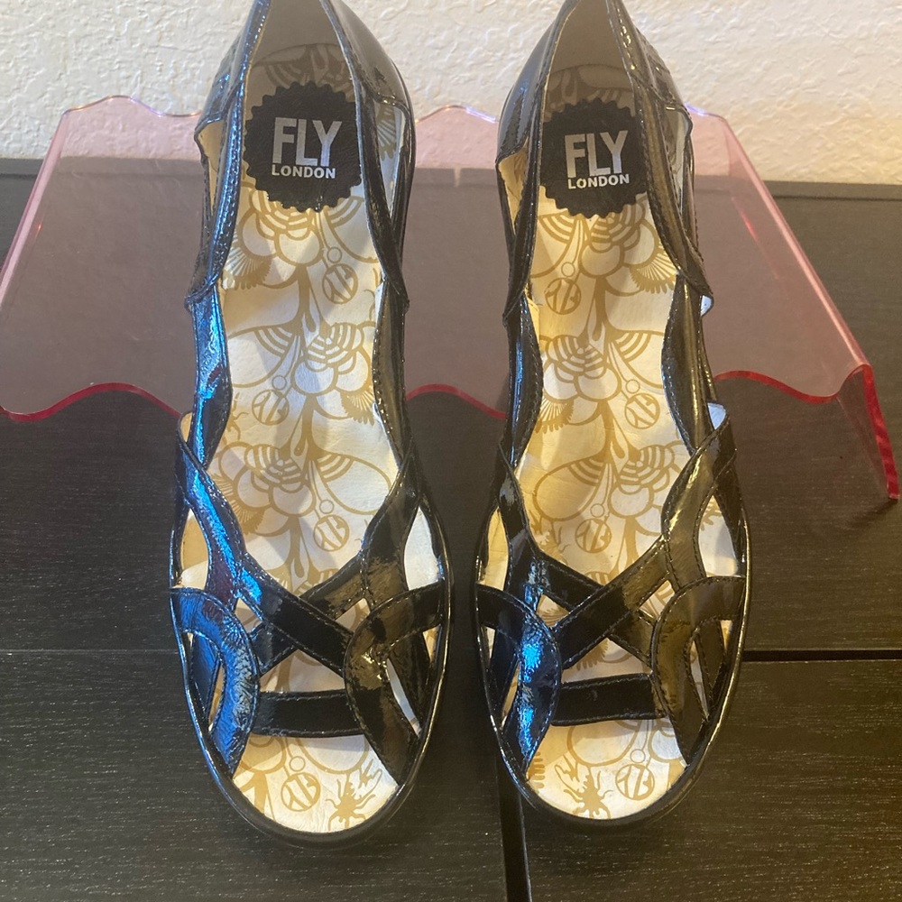 Fly London Yadi Black Patent Wedges